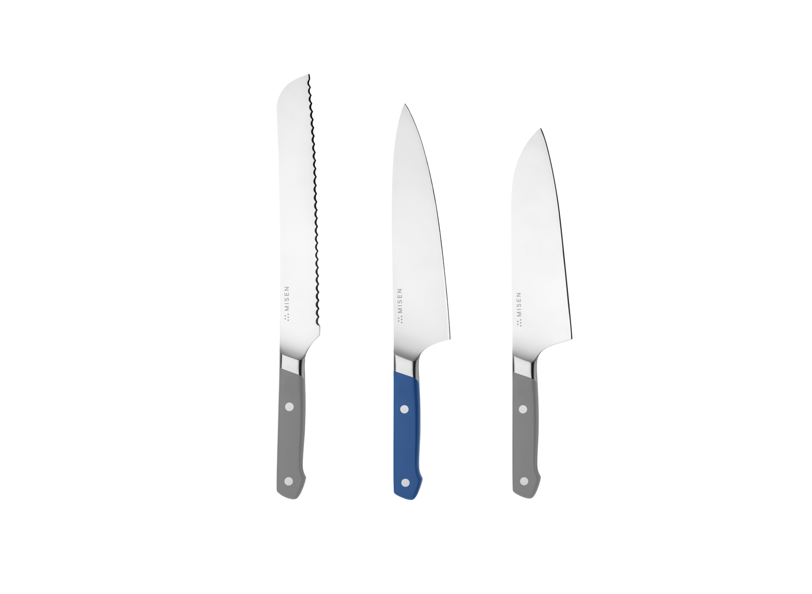 The Misen Big Knives bundle comes with an 8 inch gray Serrated Knife, a blue 8 inch Chef's Knife and a gray 8 inch Santoku Knife.