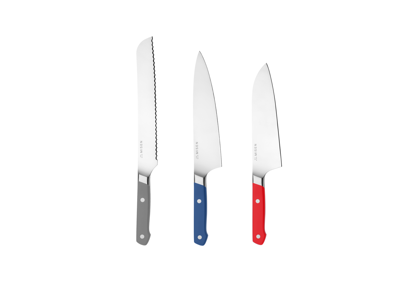 The Misen Big Knives bundle comes with an 8 inch gray Serrated Knife, a blue 8 inch Chef's Knife and a red 8 inch Santoku Knife.