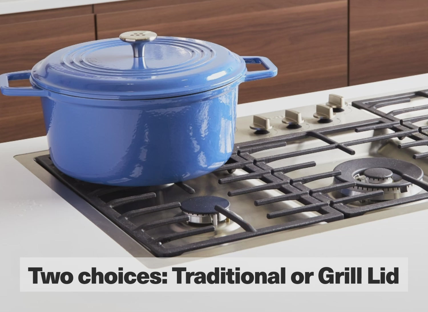 The Misen Enameled Cast Iron Dutch Oven comes in two lid choices: Traditional with a knob handle or a Grill Lid.