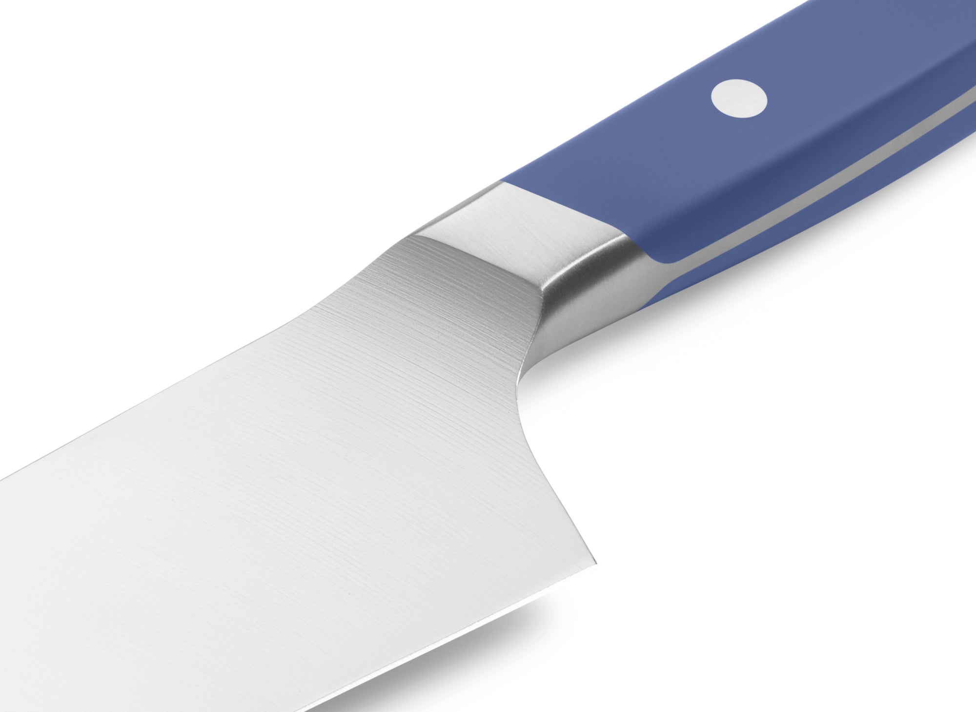 The Misen Santoku Knife in blue features a unique sloped bolster.