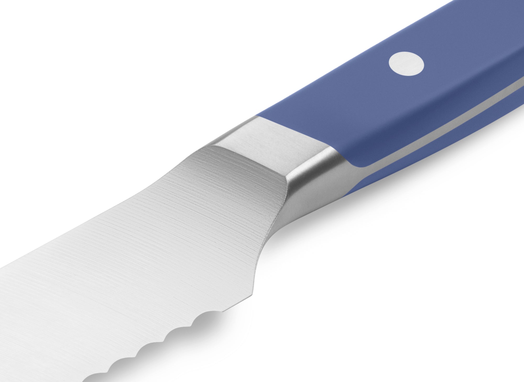 The Misen Serrated Knife in blue features a unique sloped bolster.