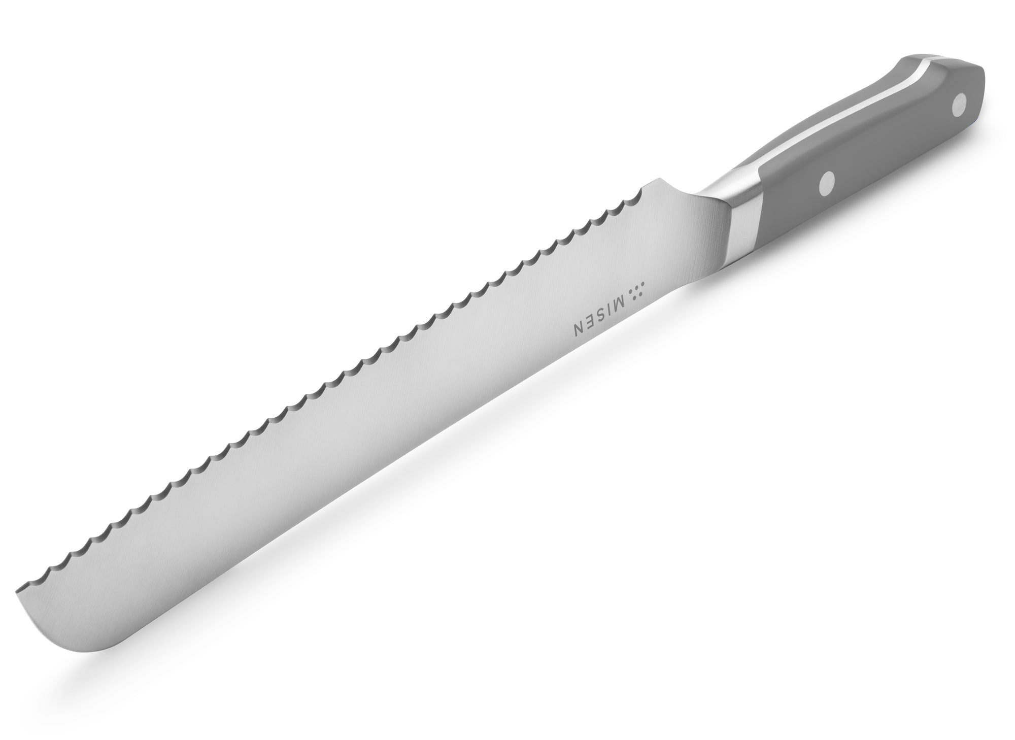 The edge of the gray Misen Serrated Knife has 32 pointed tips.