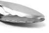 Close up view of the stainless steel scalloped head on a set of Misen Tongs, seen on a white background.