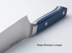 MISEN chef's knife blade and blue handle with two metal rivets; 'Stays Sharper Longer' text visible.