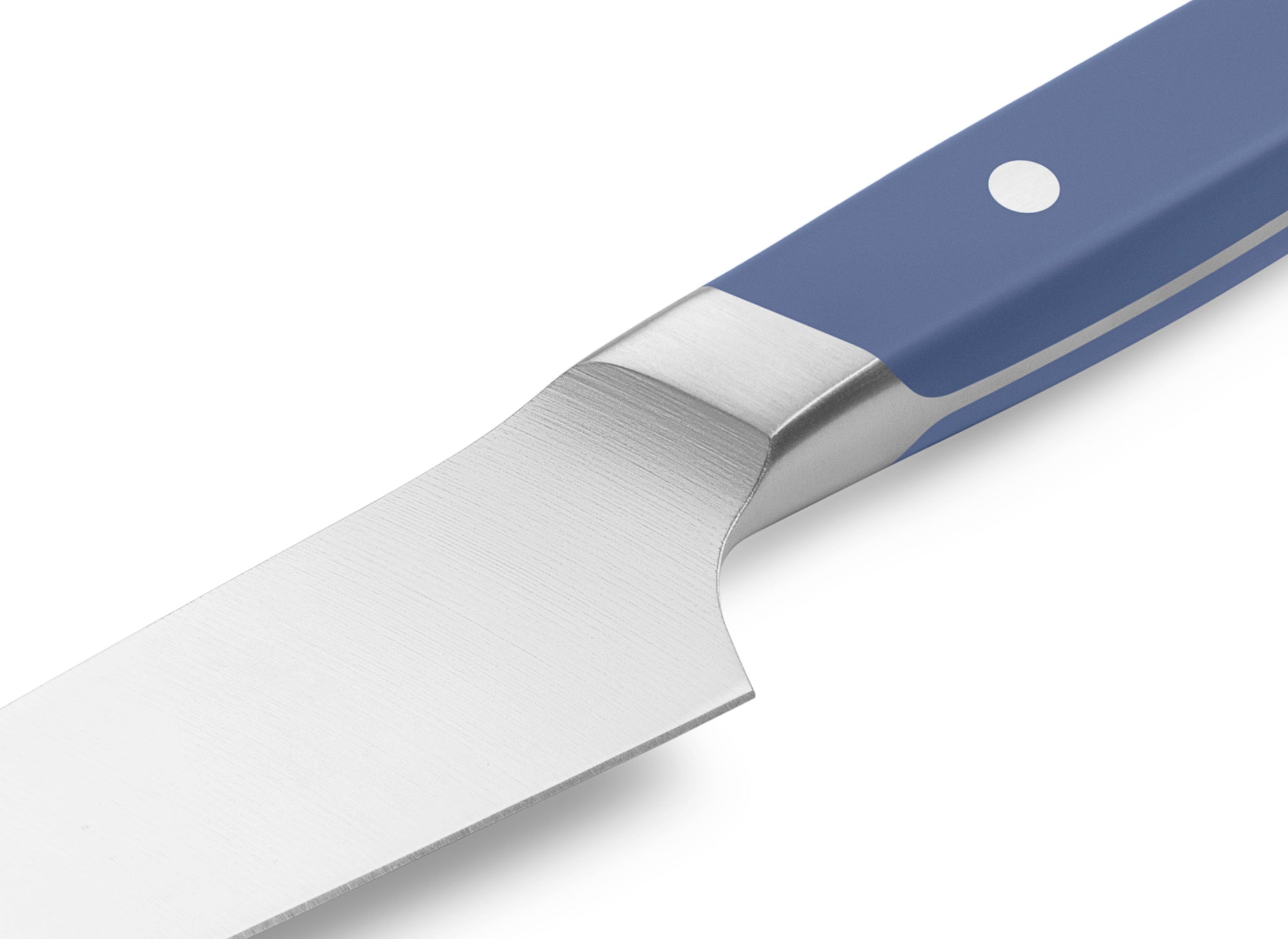 The Misen Utility Knife in blue features a unique sloped bolster.