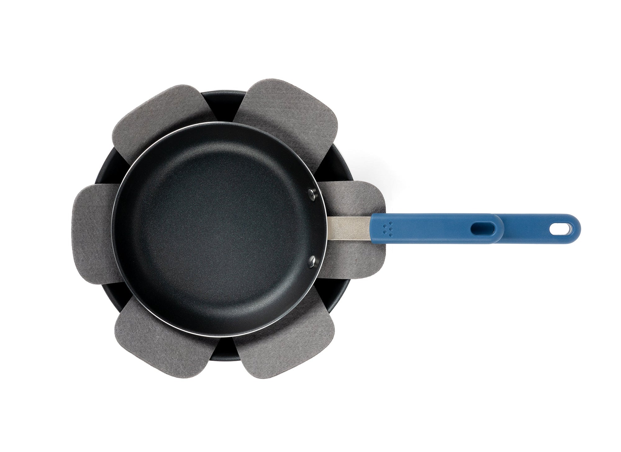{{1-pack,2-pack}} Two stacked Misen nonstick pans with a grey felt pan protector visible between them. Seen from above on a white background.