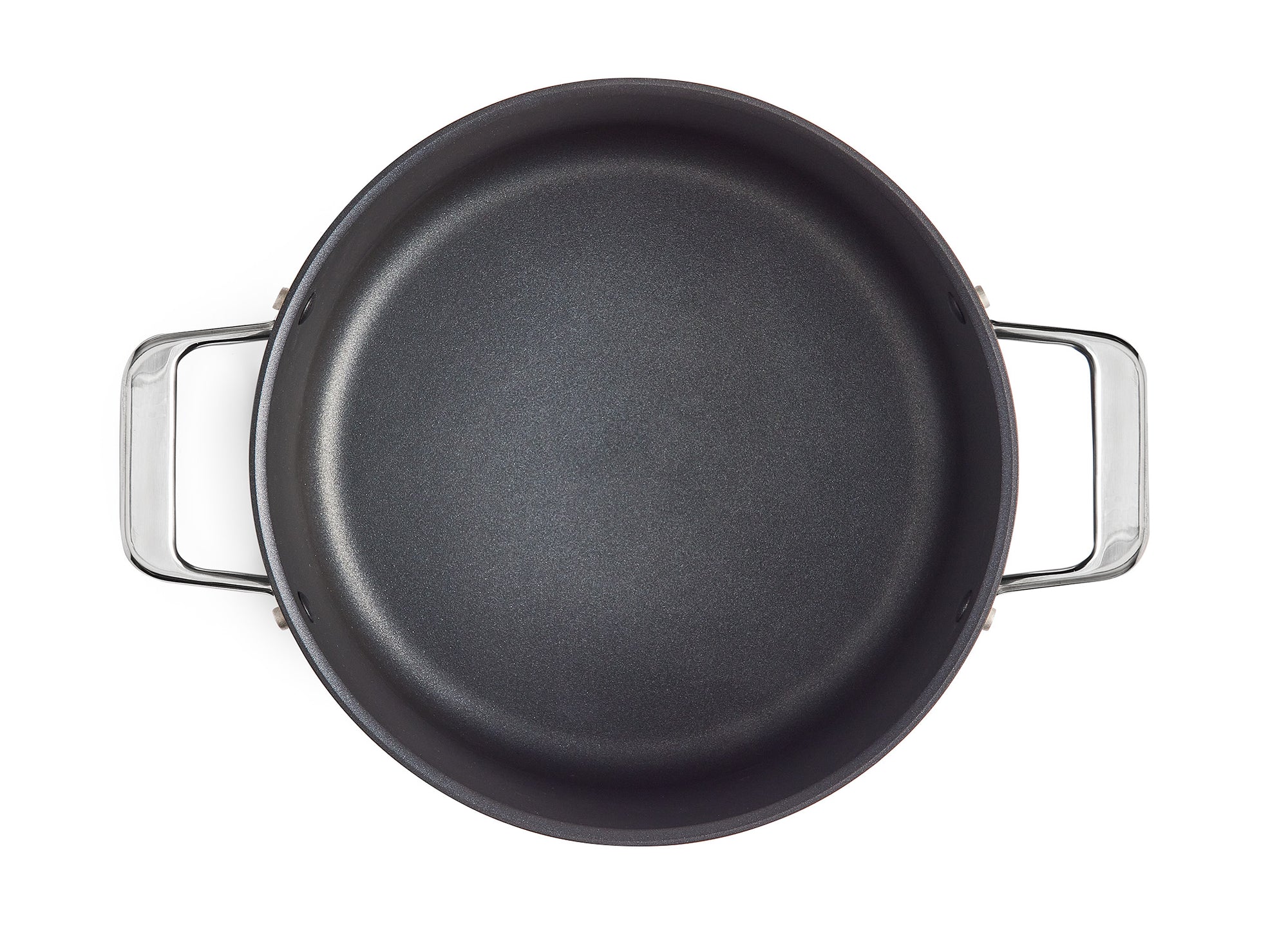 A bird’s eye view of the Misen 8 QT Nonstick Stockpot, with lid removed, on a white background.