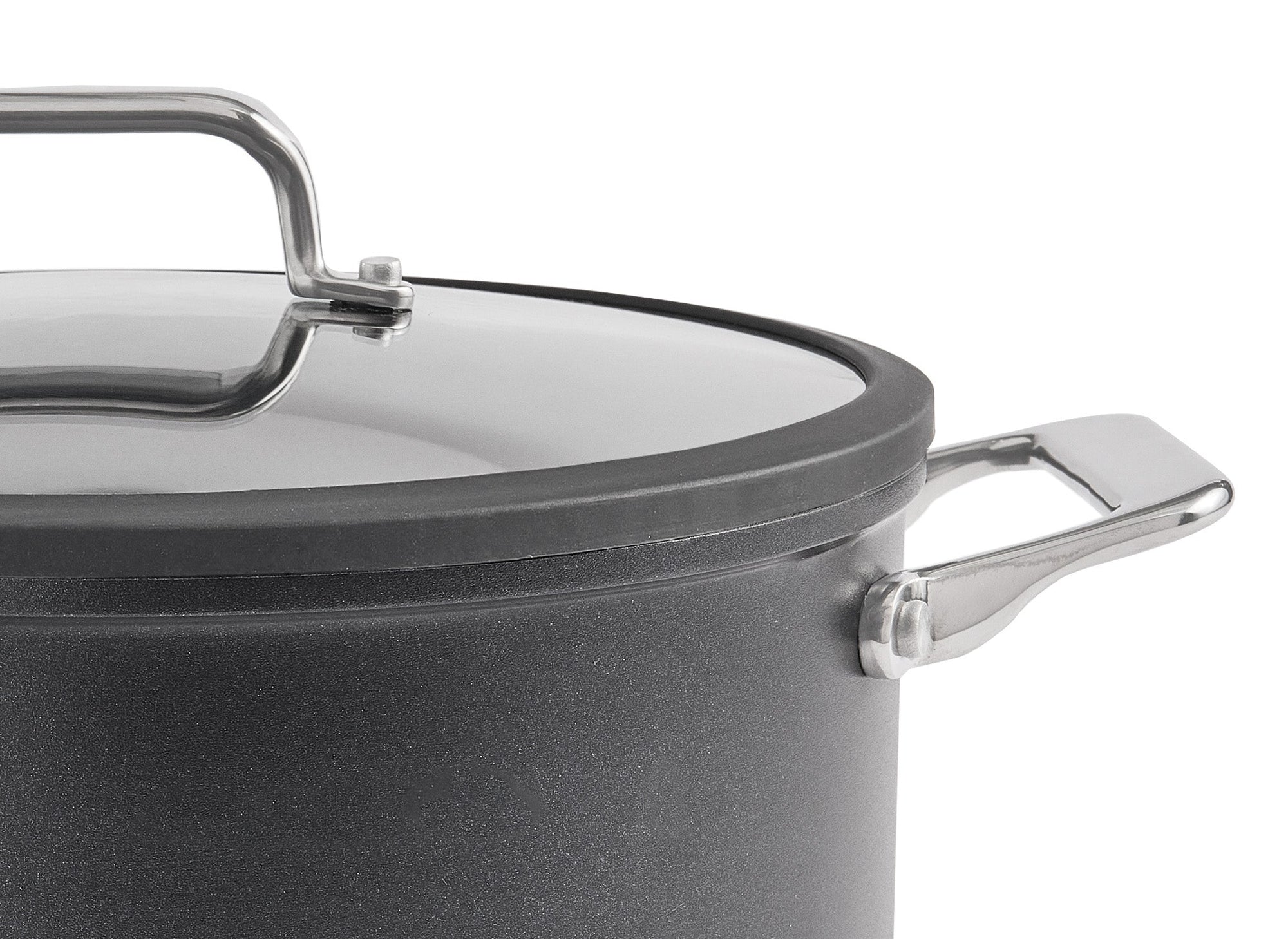 A zoomed-in view of one handle on the Misen 8 QT Nonstick Stockpot, with lid on, on a white background.