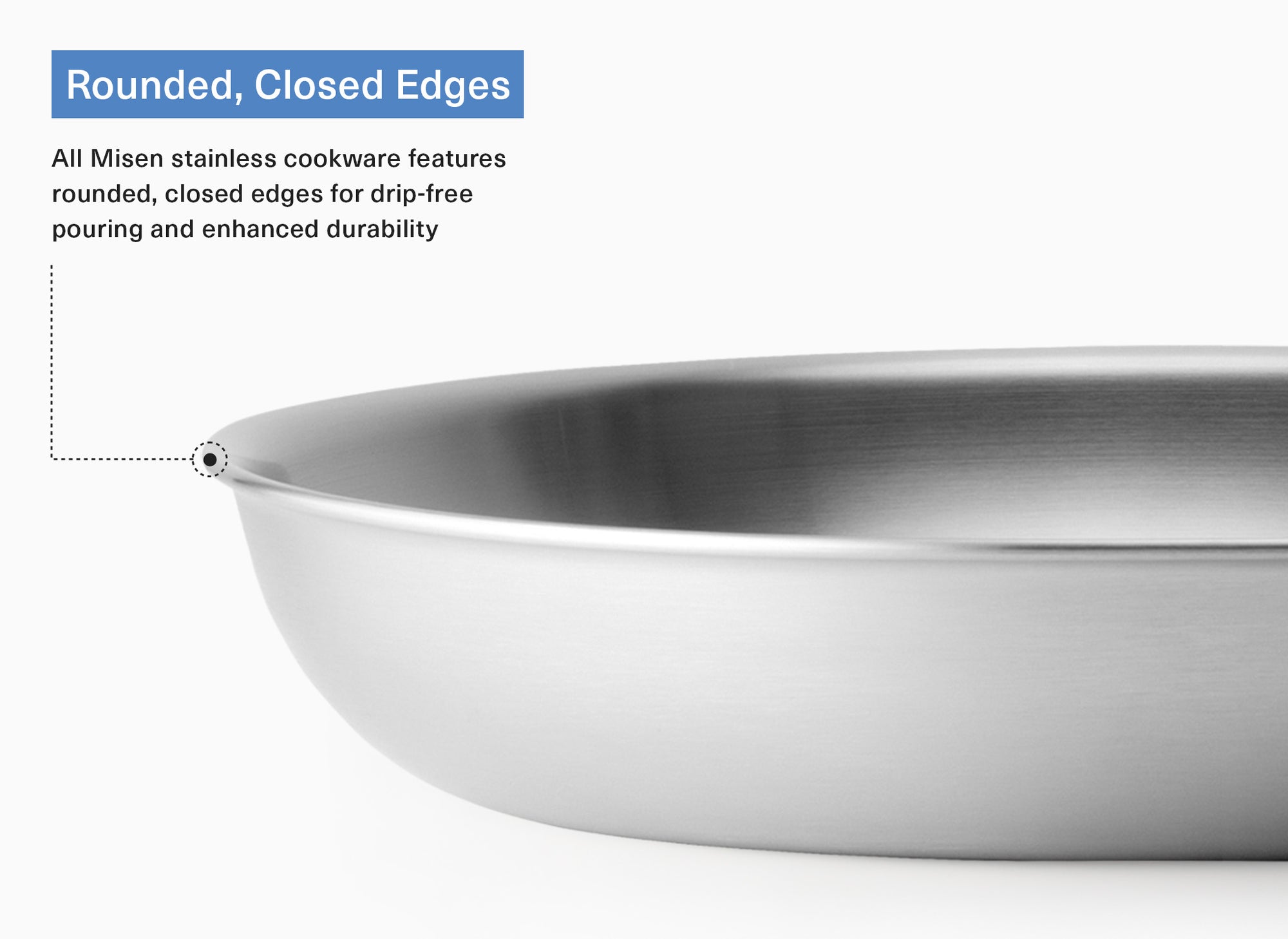 A diagram of the Misen Stainless Steel Pans’ rounded, closed edges for drip-free pouring and enhanced durability.