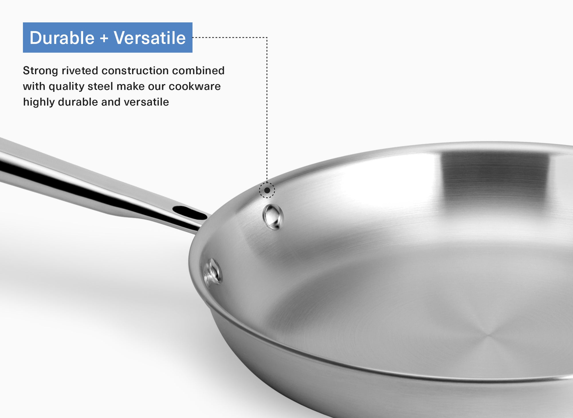 A diagram of the Misen Stainless Steel Pan’s riveted construction and quality steel. Text on the image reads: “Durable and Versatile.”