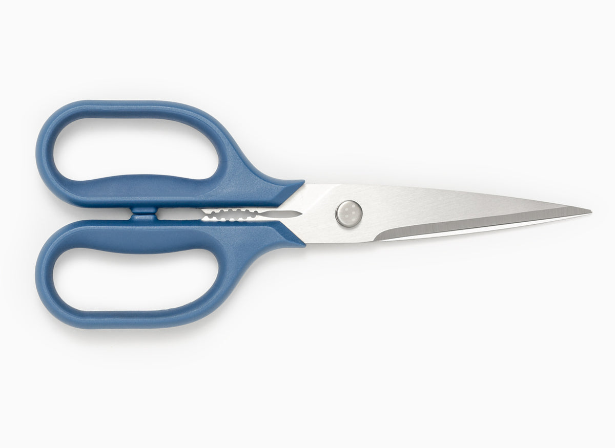 Blue Misen Kitchen Shears with blades closed., Blue