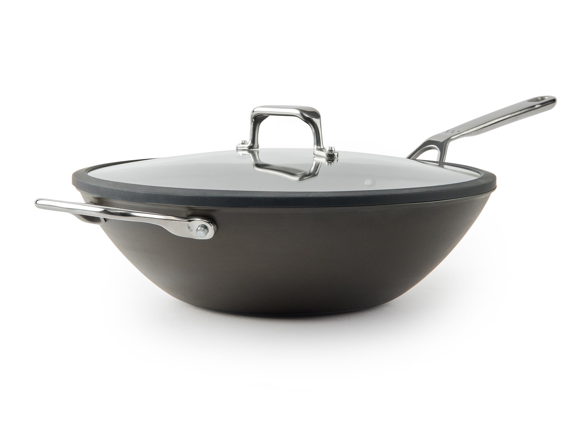 {{12-inch}} A front-facing view of the Misen Carbon Steel Wok with the glass lid on, on a white background.