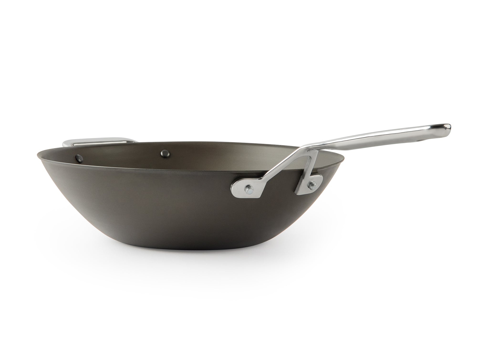 {{12-inch}} A side angle view of the Misen Carbon Steel Wok on a white background.