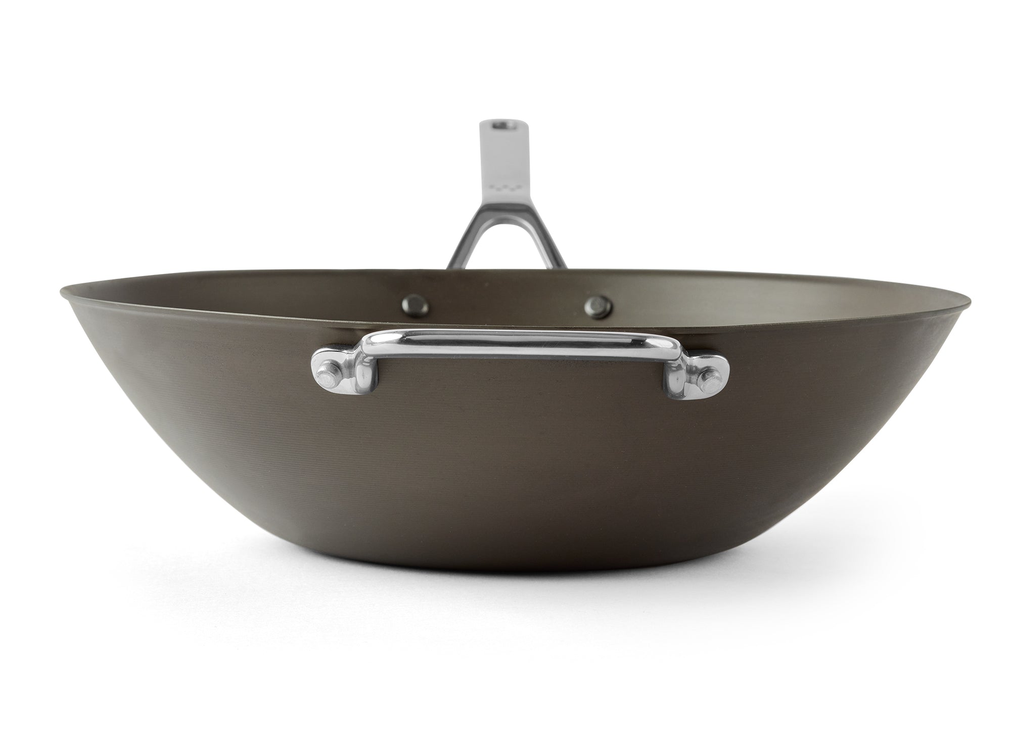 {{12-inch}} A frontend view of the Misen Carbon Steel Wok, with the shorter handle clearly visible, on a white background.